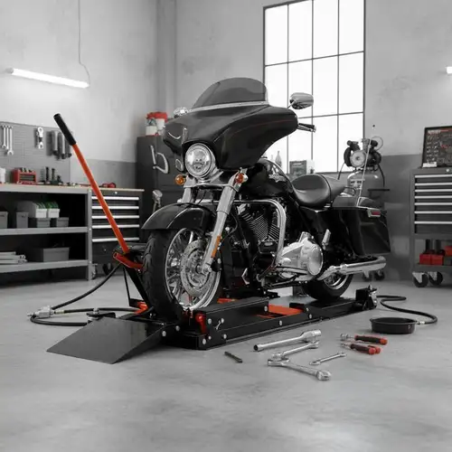 Cruiser motorcycle in workshop on ramp during preparation